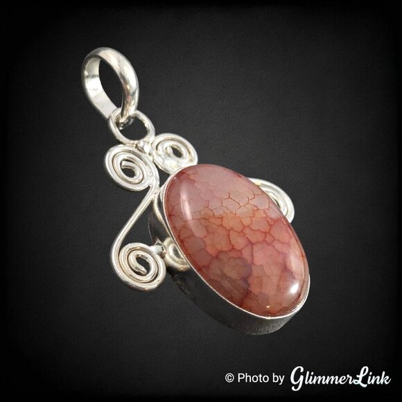 Red Orange Dragon Vein Oval Cabochon Scrollwork Silver Plated Pendant - Picture 3 of 8